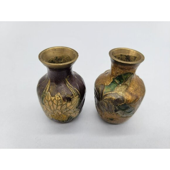 Pair Brass Enamel Floral Cloisonne Vases Miniature 2 inches - Picture 2 of 12